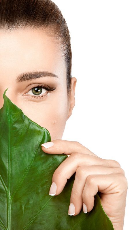 beautiful woman's face behind big leaf